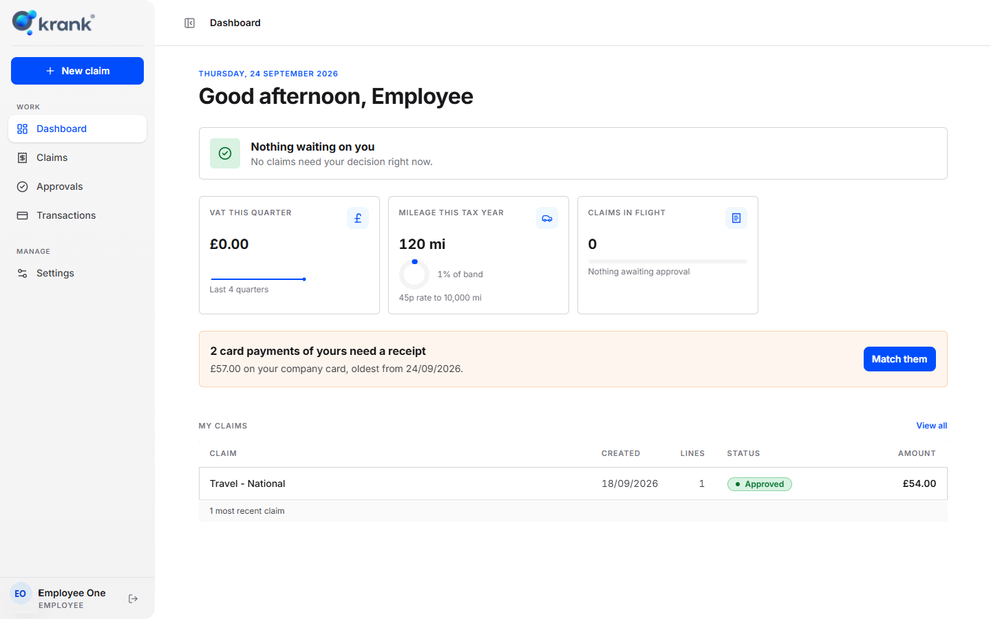 Expense app dashboard for a seeded test employee: VAT, mileage, claims in flight and card payments awaiting receipts