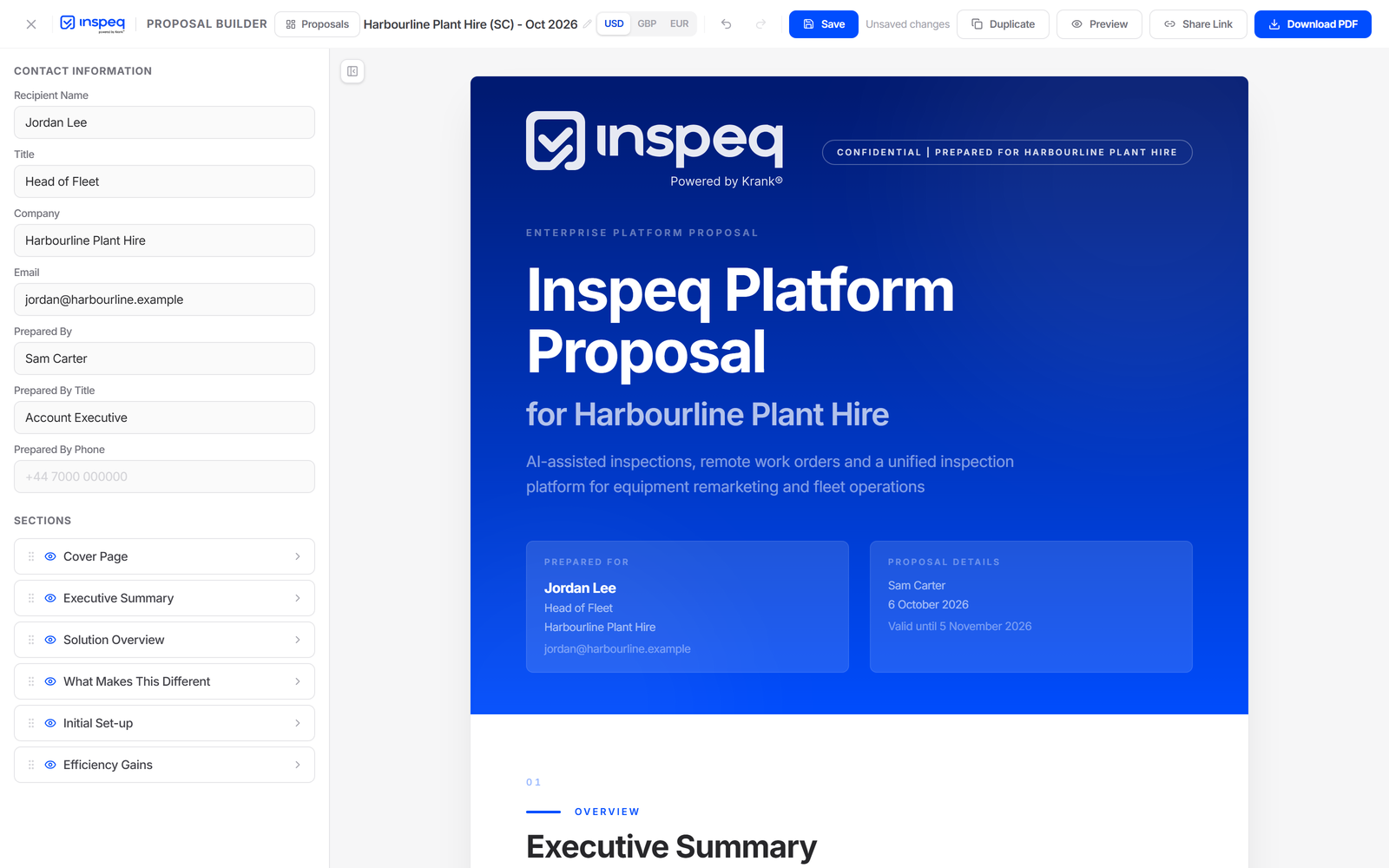 Proposal builder: contact form and section list beside a live Inspeq proposal preview for a fictional customer