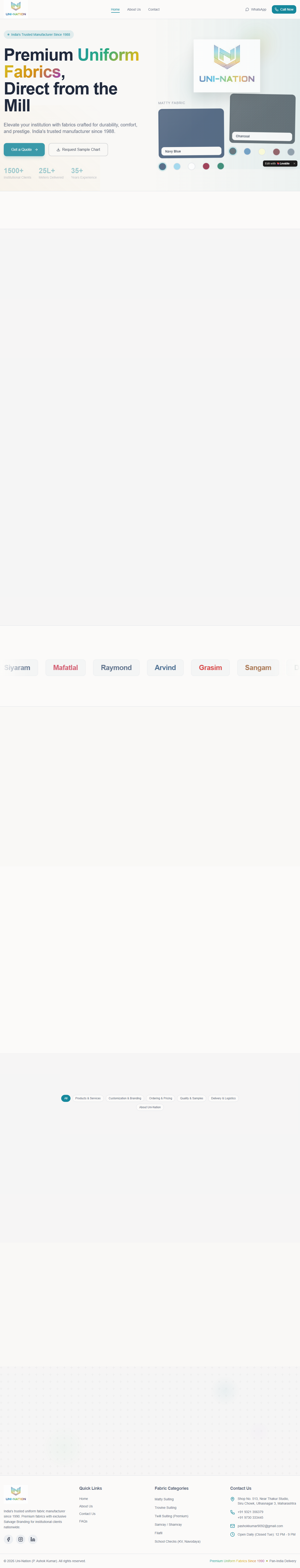 Uni-Nation desktop homepage showing fabric products and brand identity