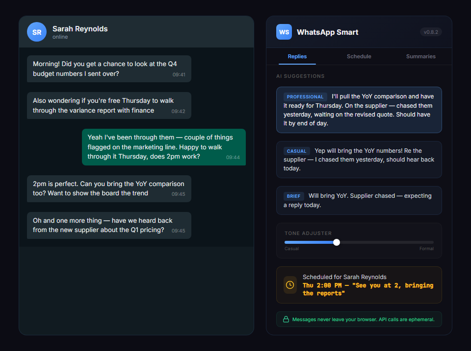 Full extension UI alongside WhatsApp